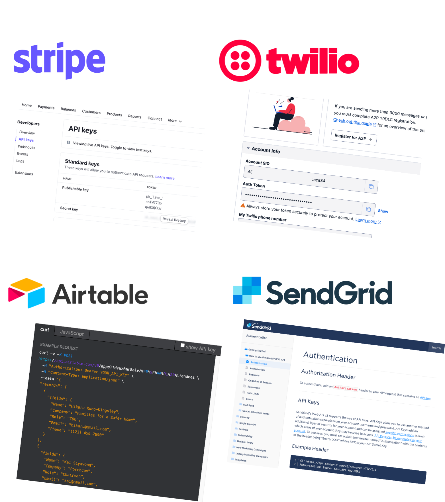 Stripe, SendGrid, Twilio and Airtable logos
